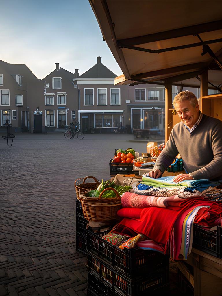 Marktkoopman zet bij het eerste ochtendlicht zijn kraam op op een plein in Druten